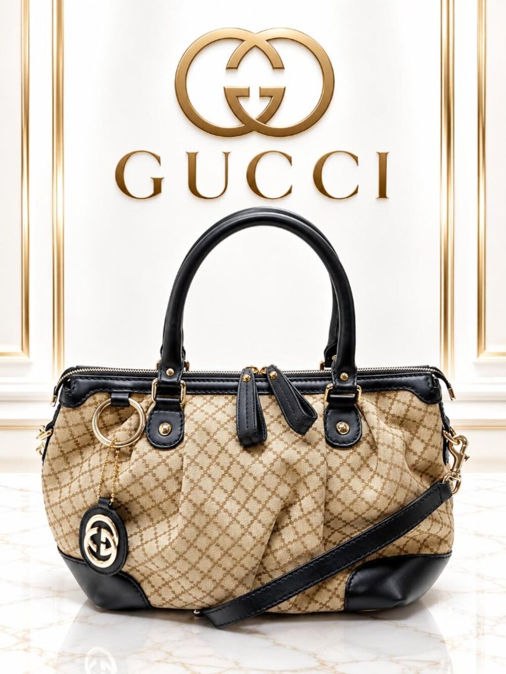 Authentic Gucci Sukey GG Canvas Beige Black Leather Boston Satchel/Shoulder Bag
